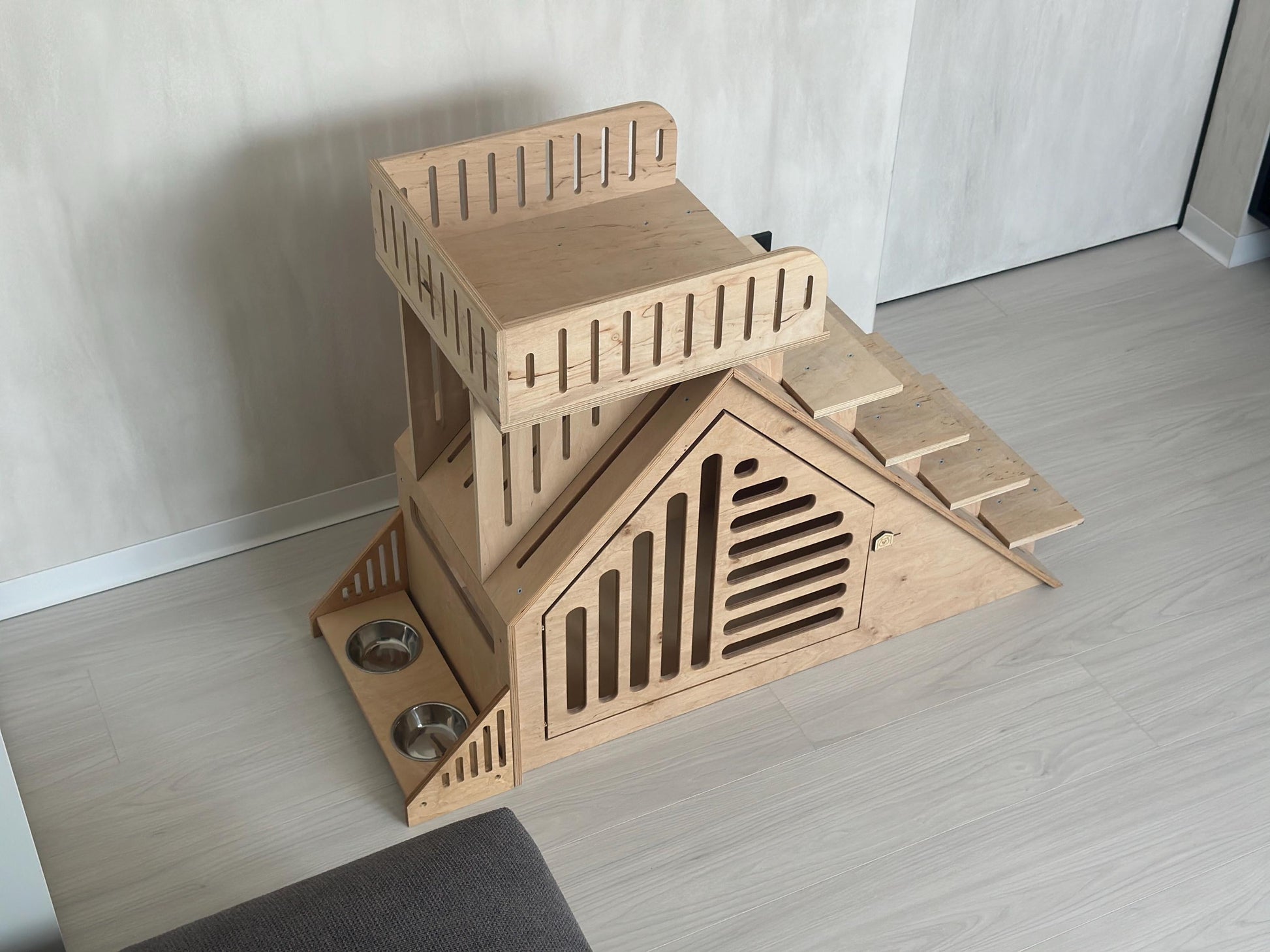 Modern wooden indoor dog house set with stairs and feeder – luxury dog crate furniture for small dogs