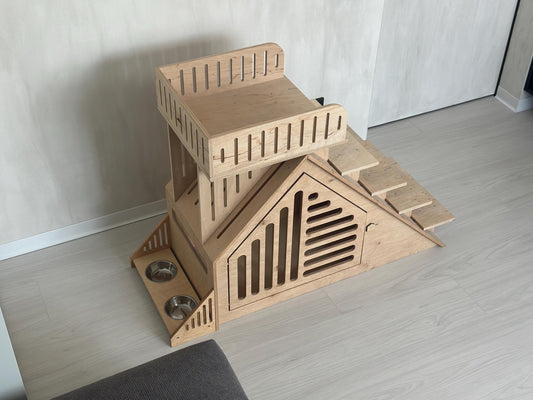 Modern wooden indoor dog house set with stairs and feeder – luxury dog crate furniture for small dogs
