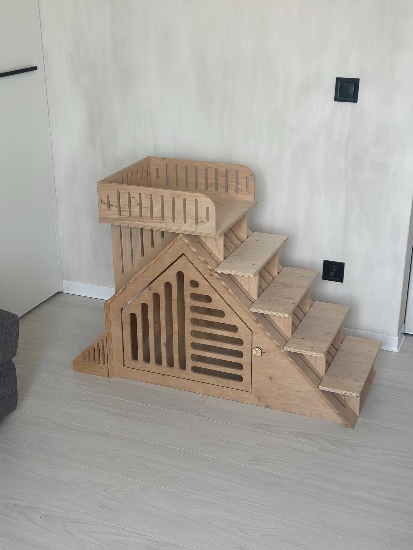 Stylish indoor dog house furniture in natural wood with matching dog feeder