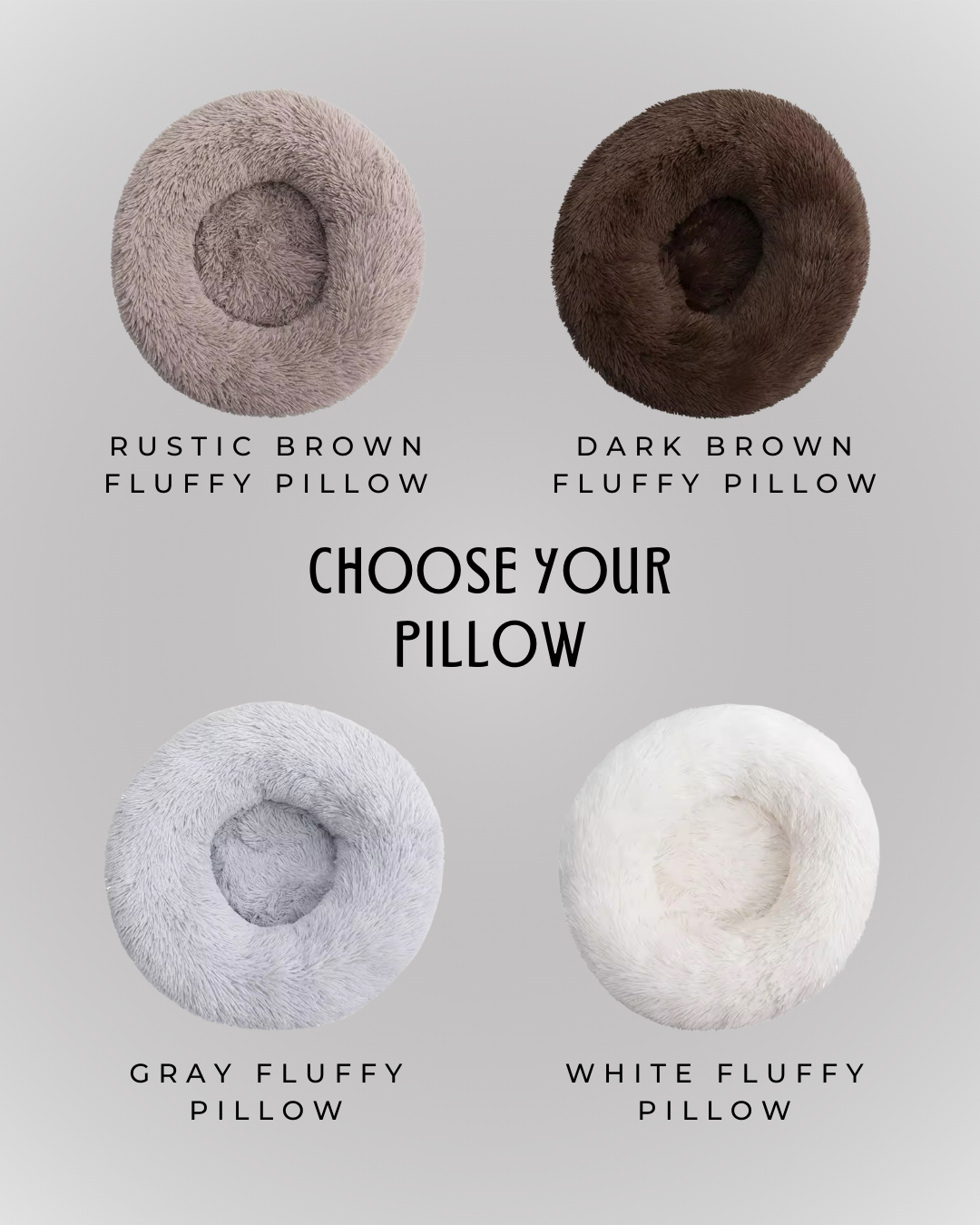 Fluffy pillow color options for dog crate coffee table and wooden dog house furniture – rustic brown, dark brown, gray and white pillows.