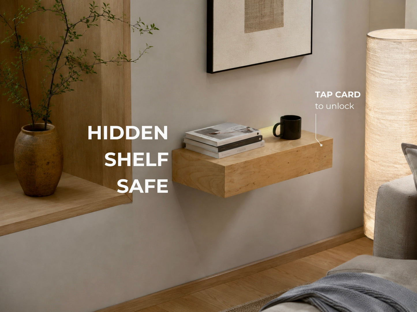 Hidden floating shelf with RFID card access that conceals a secure storage compartment for valuables.