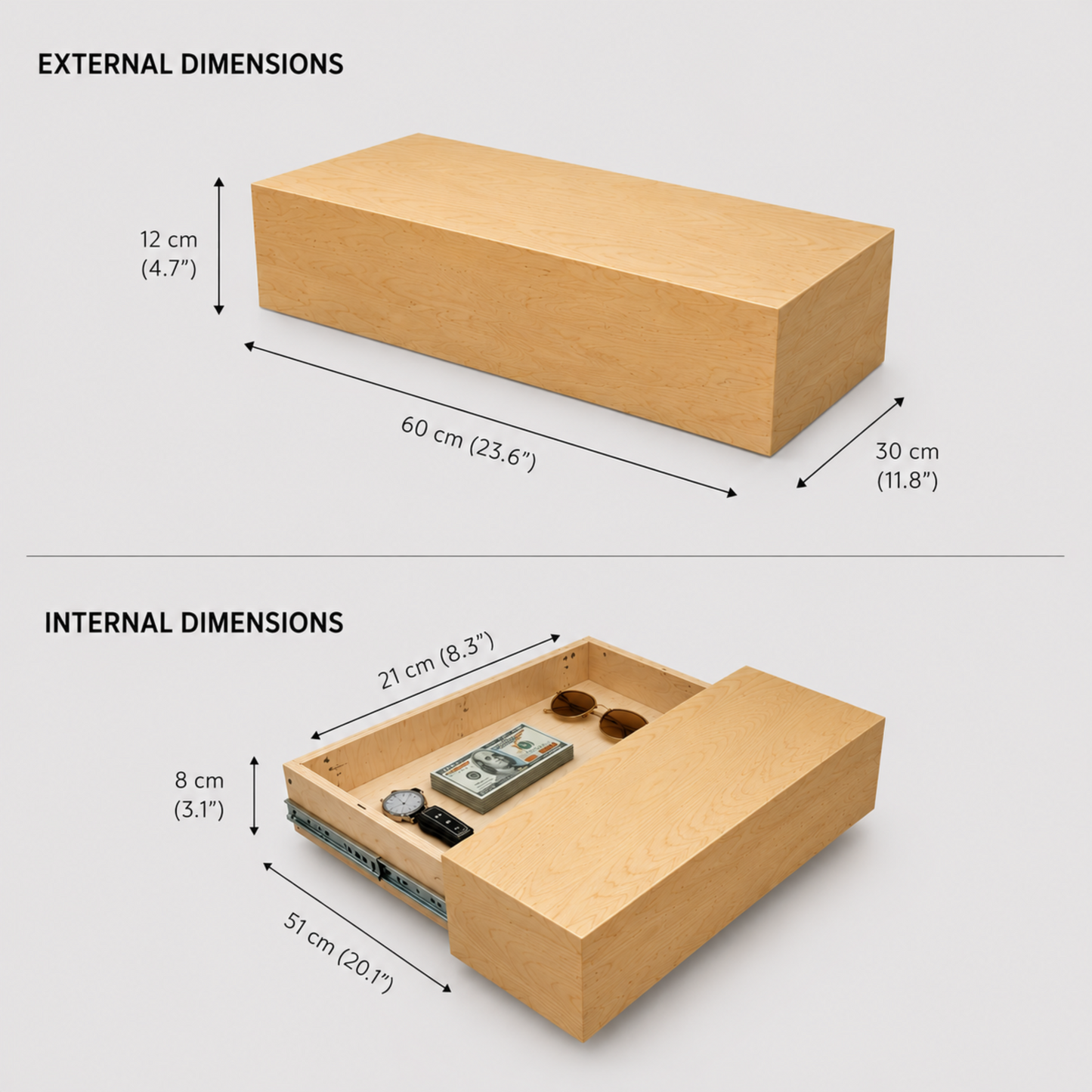 External and internal dimensions of the hidden floating shelf with secret storage compartment.