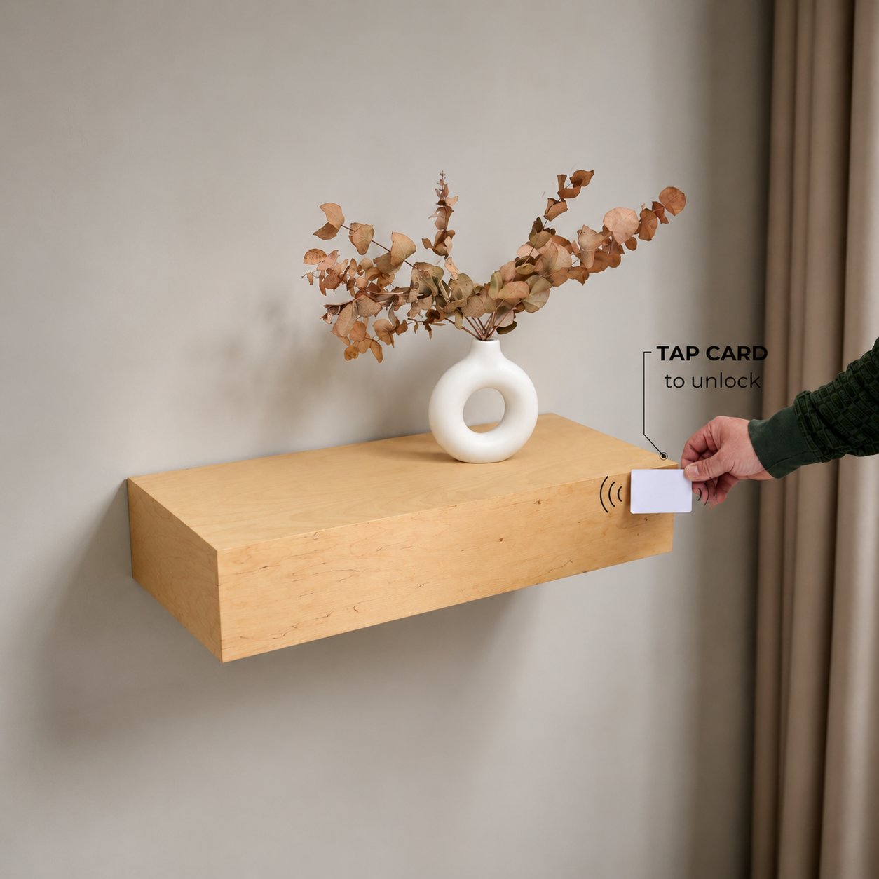 How the RFID hidden shelf safe opens with a card to access the concealed storage compartment.