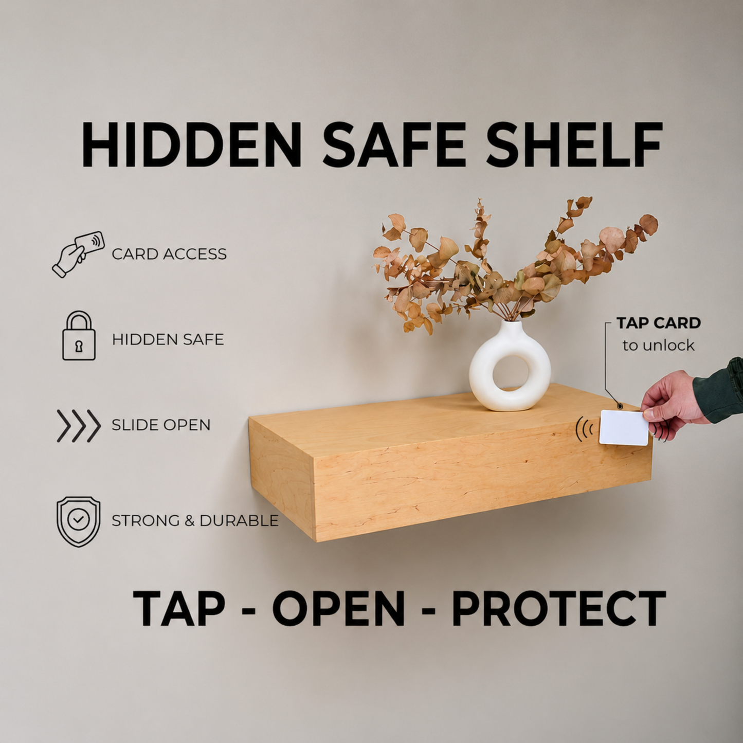 How the RFID hidden shelf safe opens with a card.
