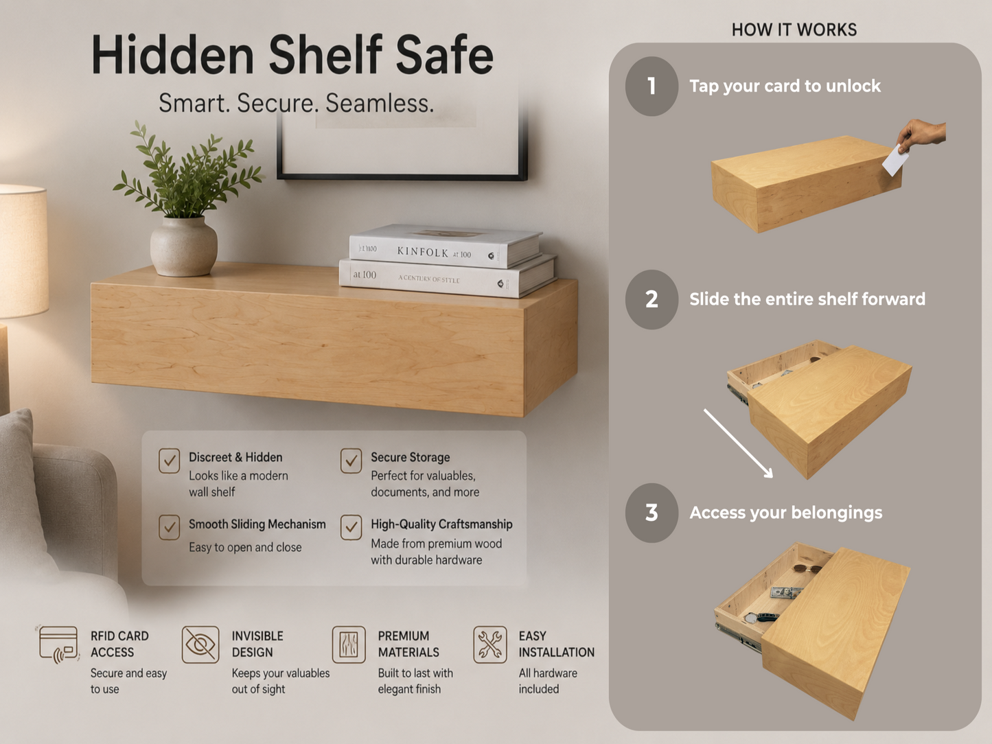 Close-up of the sliding hidden shelf mechanism revealing the concealed storage area.