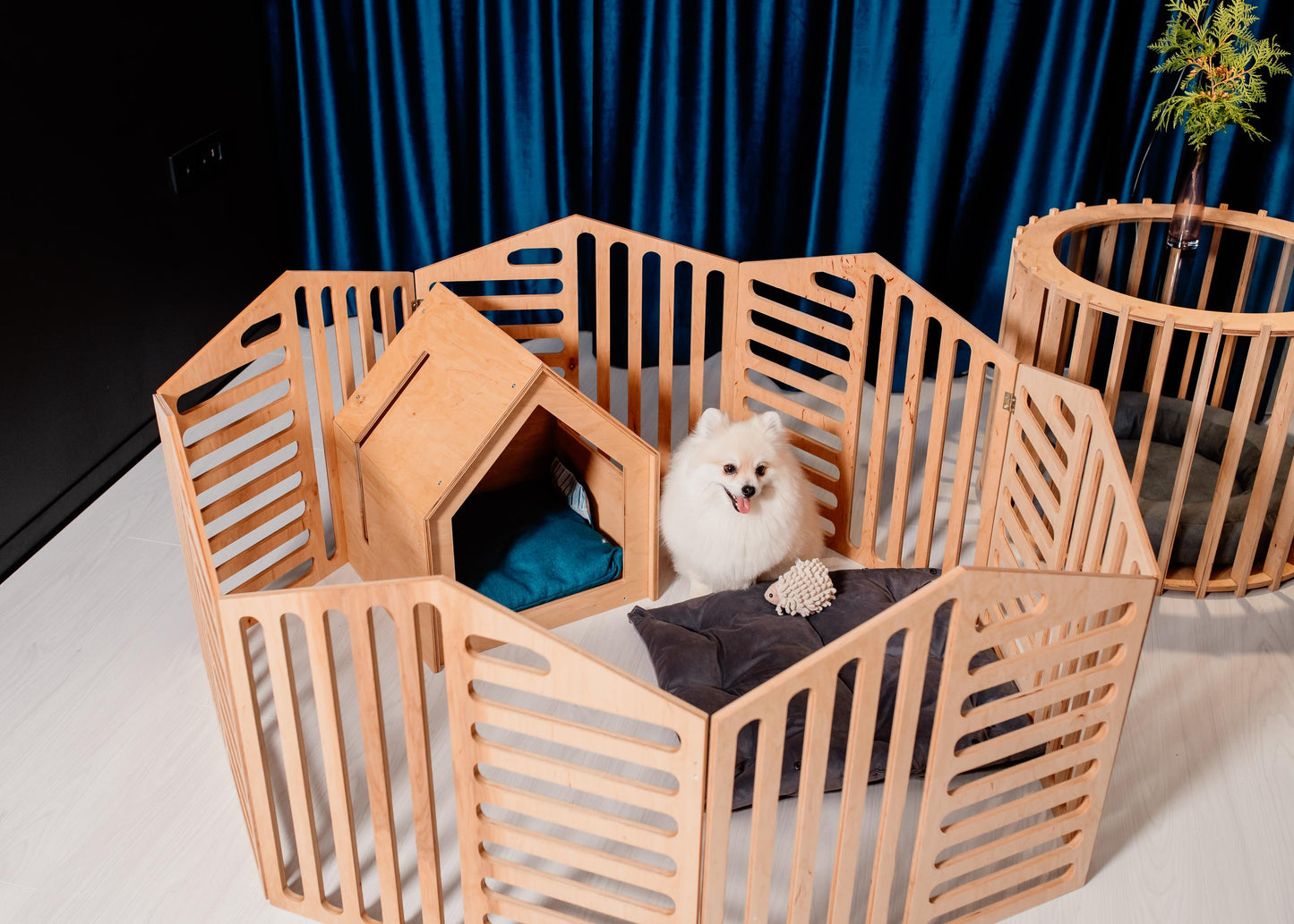 Set of 4 Items: Small Dog House, 7 Panels of Dog Playpen, Dog Feeder and a Dog House-Coffee Table. Dog Bed Kennel Dog Enclosure