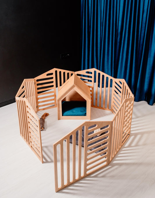 Set of 2 Items: Small Dog House and 7 Panels of Dog Playpen. Dog Bed Puppy Kennel Enclosure for Dogs Modern Dog House