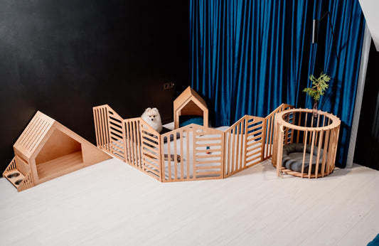 Set of 5 Items Large Dog House, Small Dog House, 5 Panels of Dog Playpen, Dog Feeder and a Dog House -Coffee Table. Dog Kennel