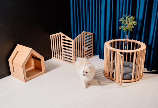 Set of 3 Items: Small Dog House, 2 Panels of Playpen and a Dog House - Coffee Table. Dog Bed Puppy Kennel Wooden Enclosure for Dogs