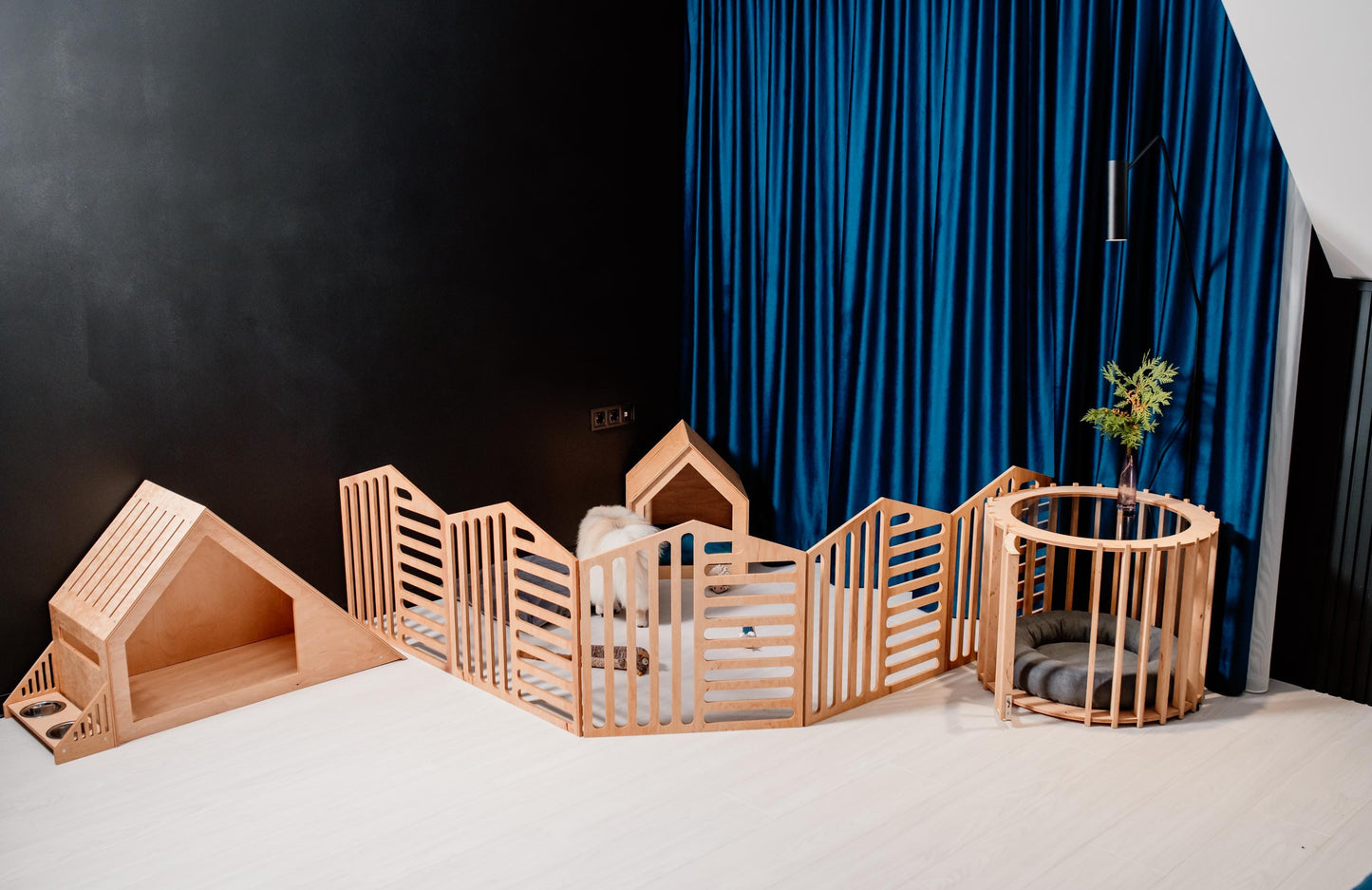Set of 5 Items Large Dog House, Small Dog House, 5 Panels of Dog Playpen, Dog Feeder and a Dog House -Coffee Table. Dog Kennel