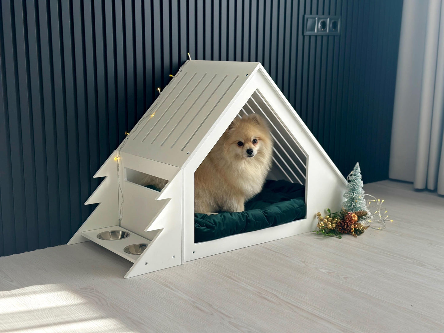 Christmas Set of 2 Items: Modern Large Dog House and Christmas Dog Feeder | Dog Bed | Puppy Dog House | Dog House Bed | Luxury Dog House