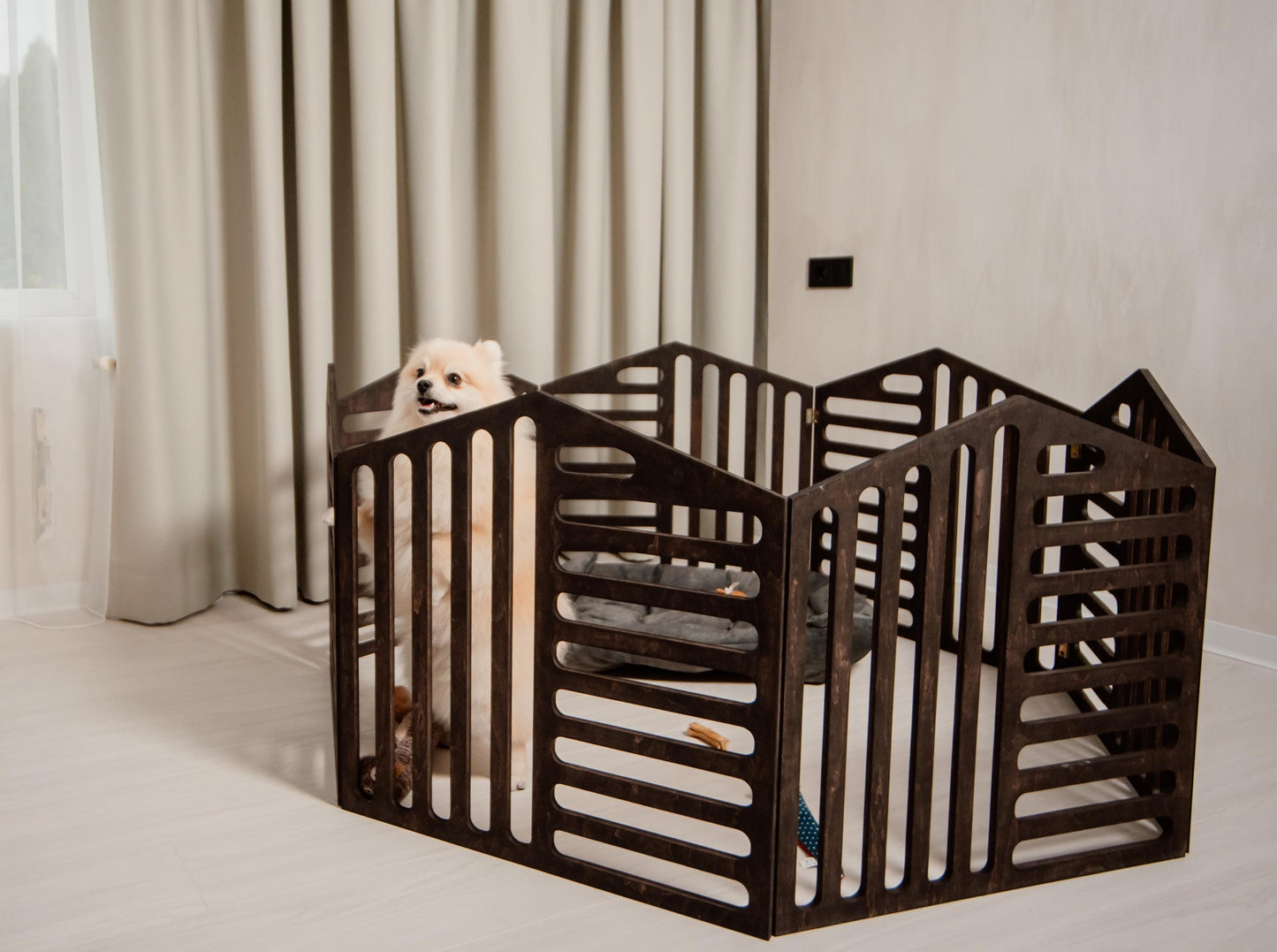 indoor dog fence dark wood modern apartment setup