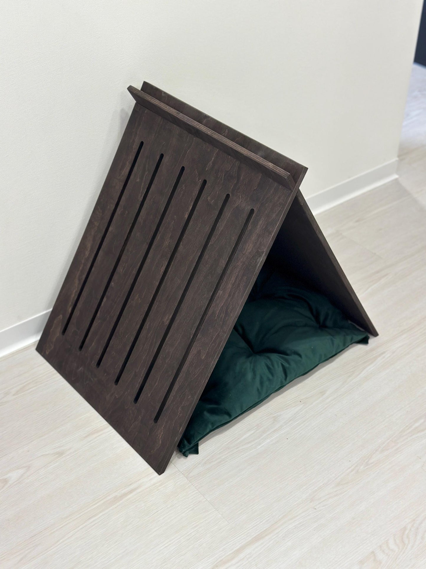 Indoor dog house with green pillow modern wooden design