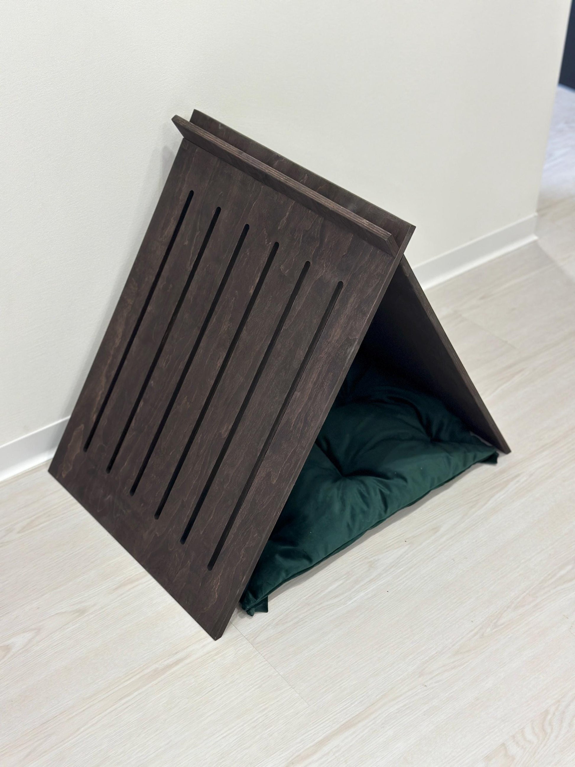 Indoor dog house with green pillow modern wooden design