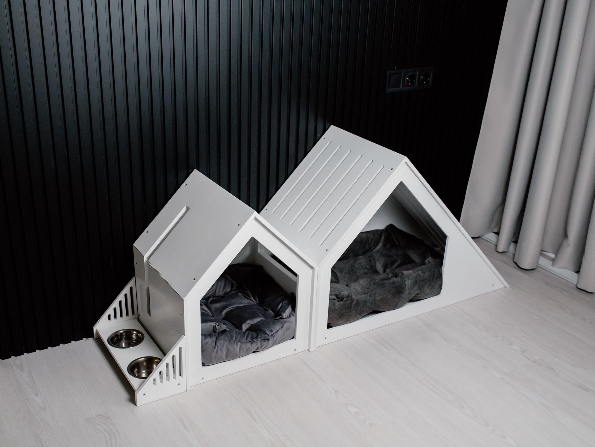 Minimalist indoor dog house set in modern barn design