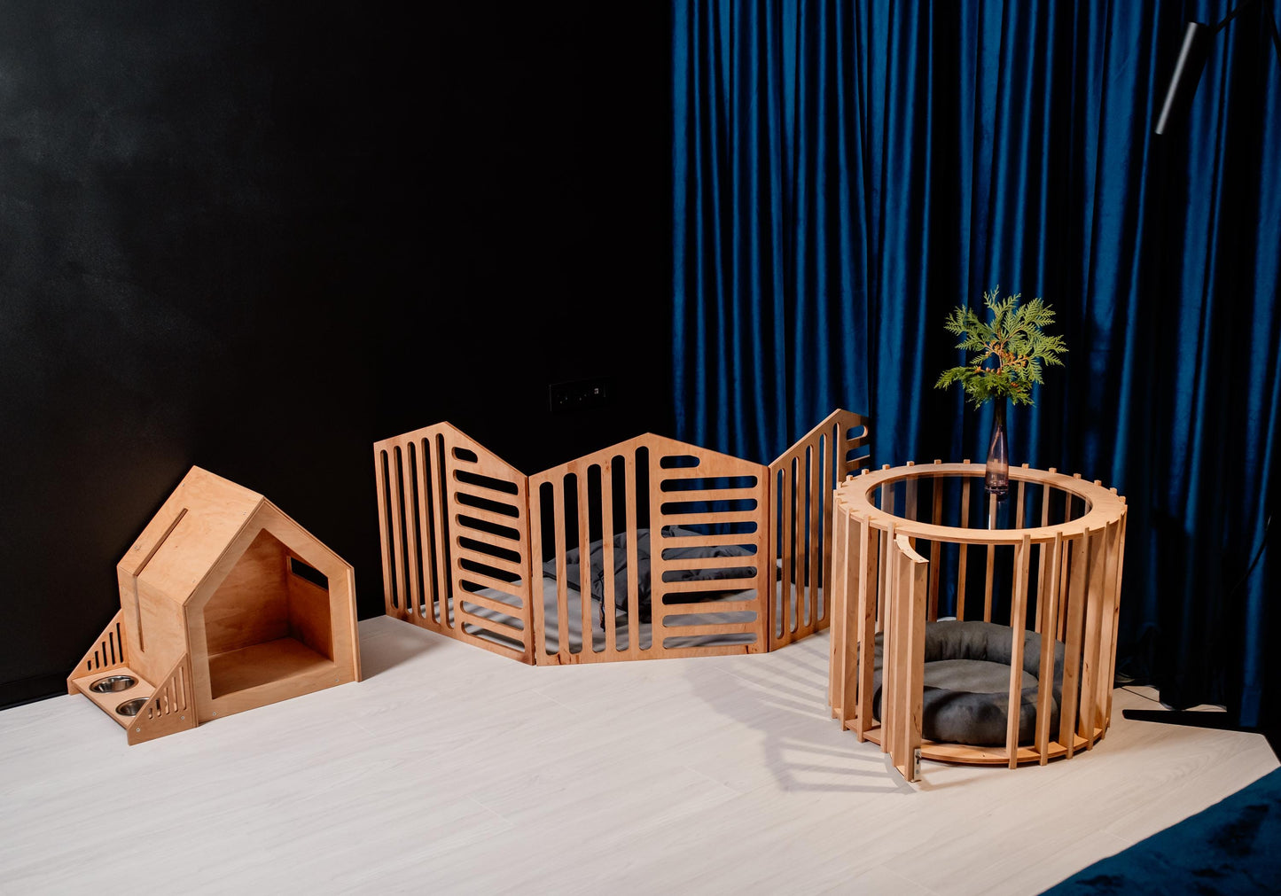 Indoor dog playpen with wooden dog house and flexible layout