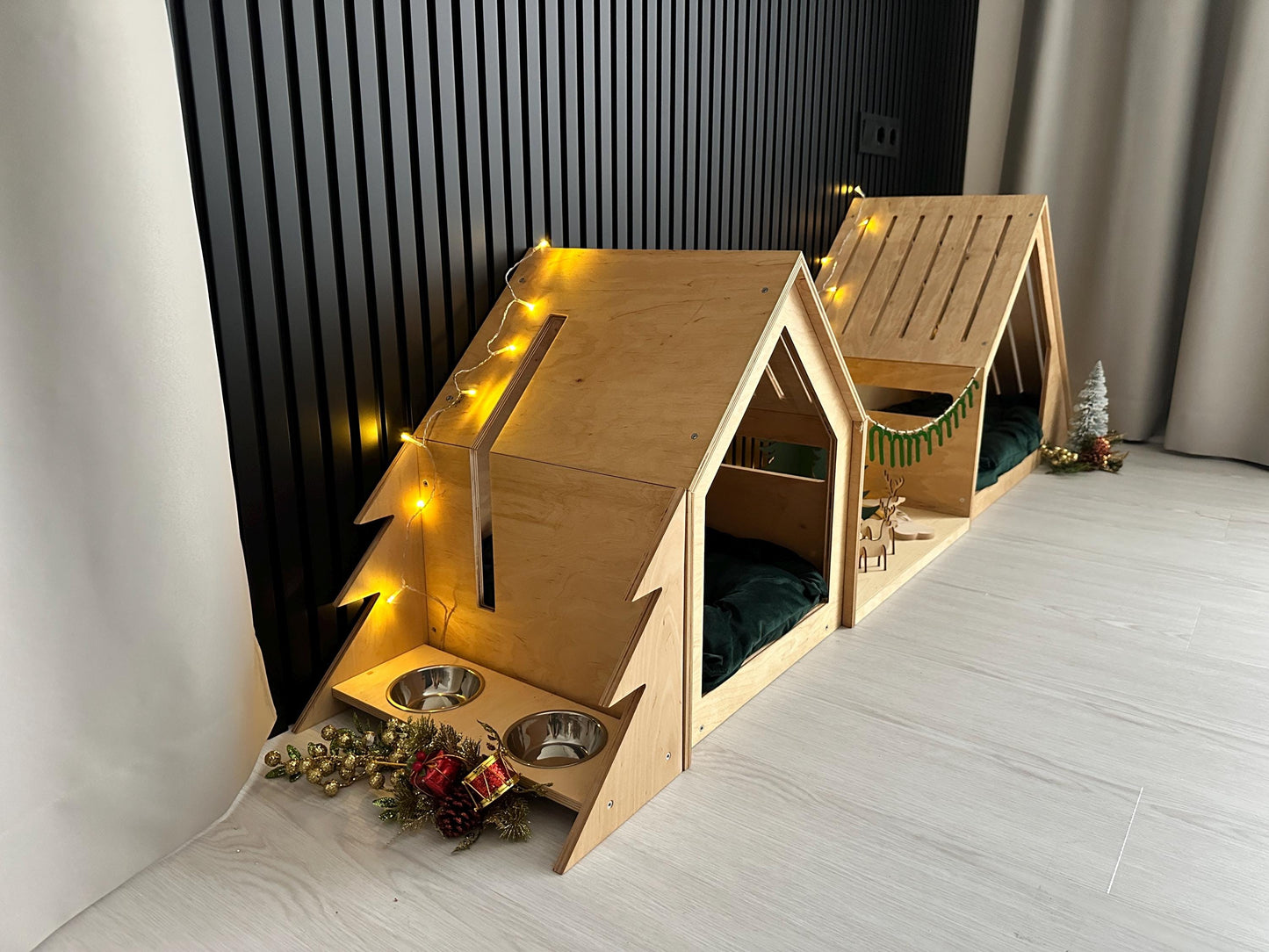 Festive wooden dog feeder styled with Christmas decorations