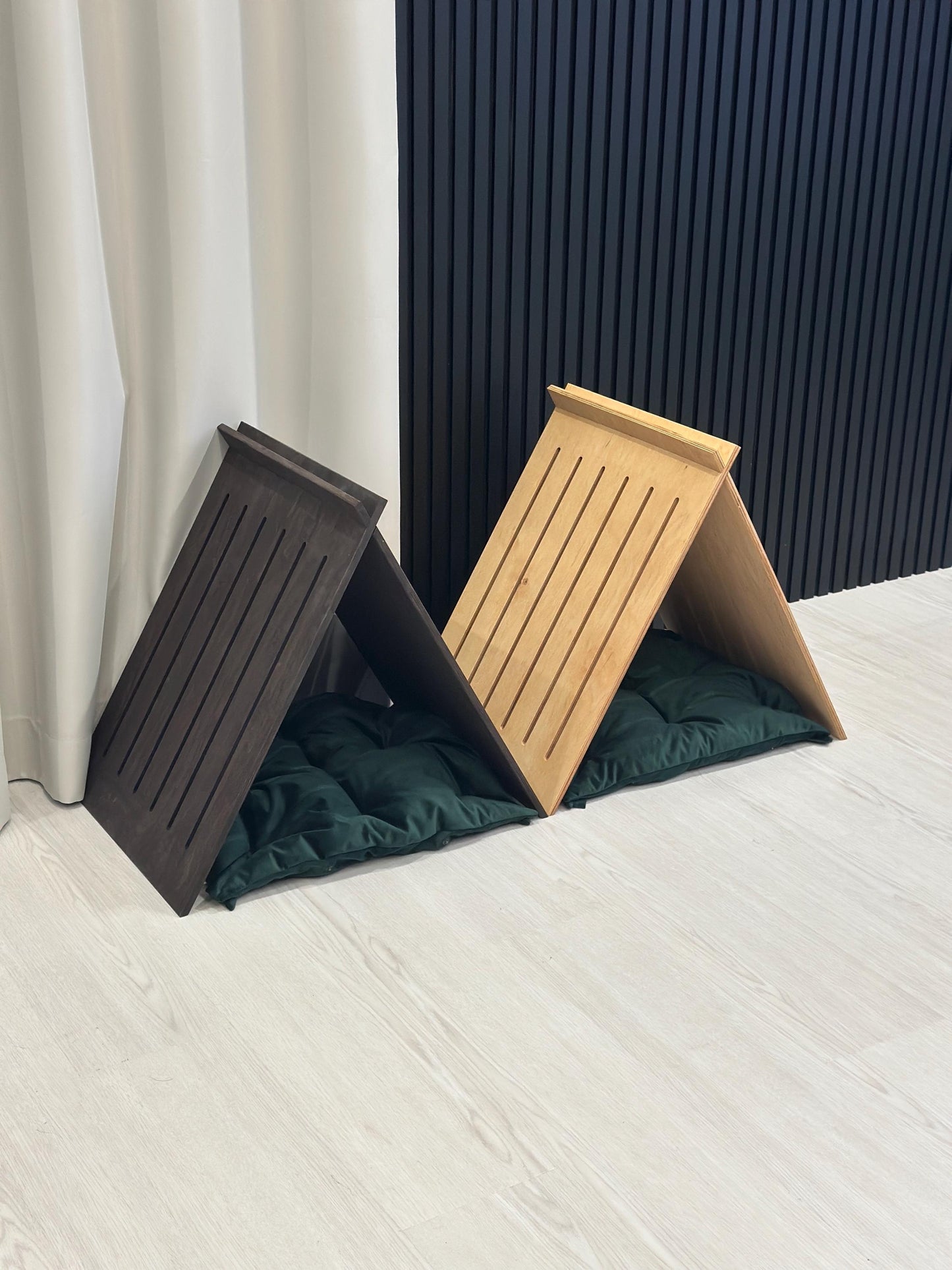 Light wood dog house with green pillow – eco-friendly indoor pet house