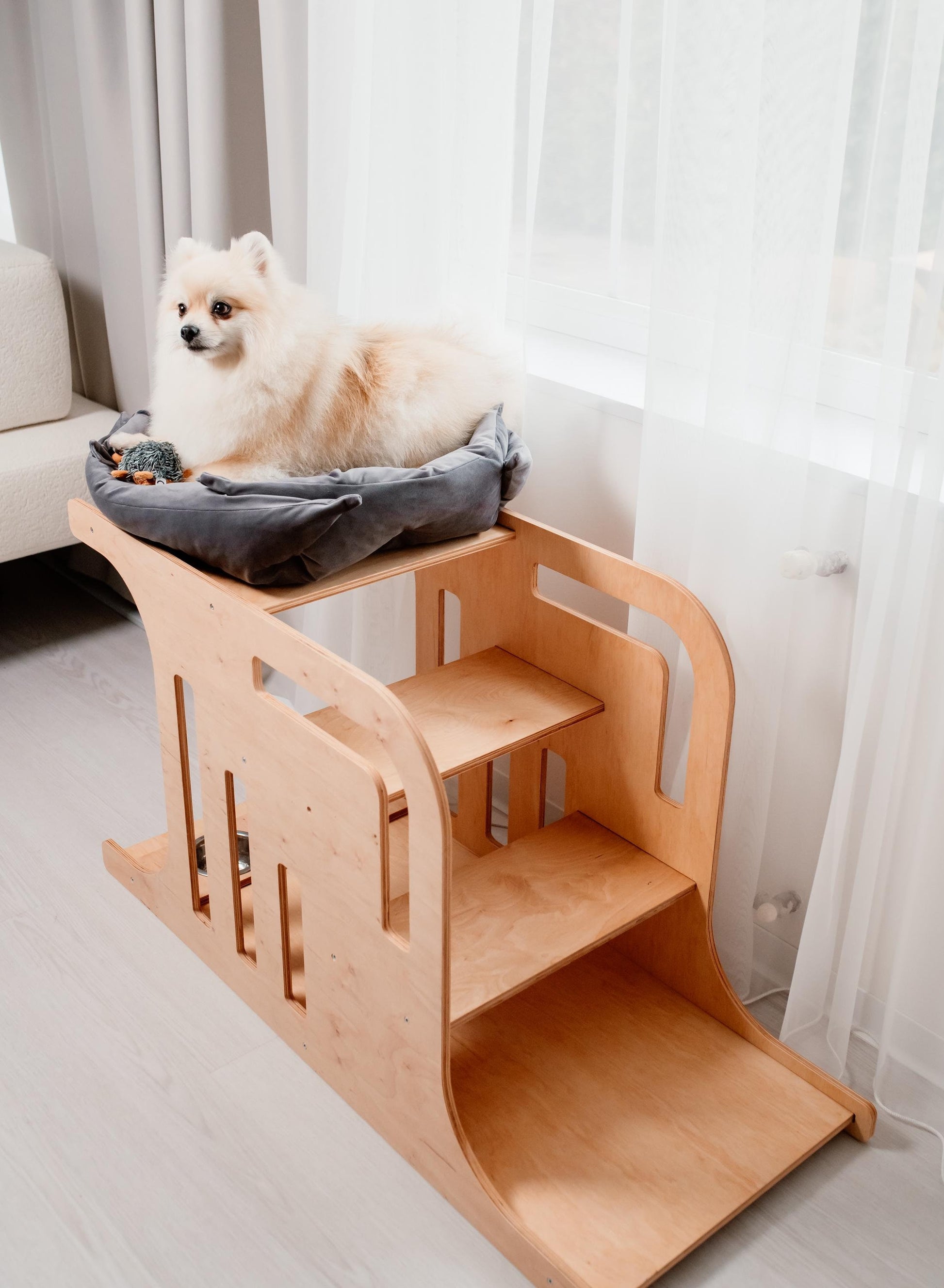 Light wood dog house with stairs, multifunctional indoor dog crate furniture with built-in steps