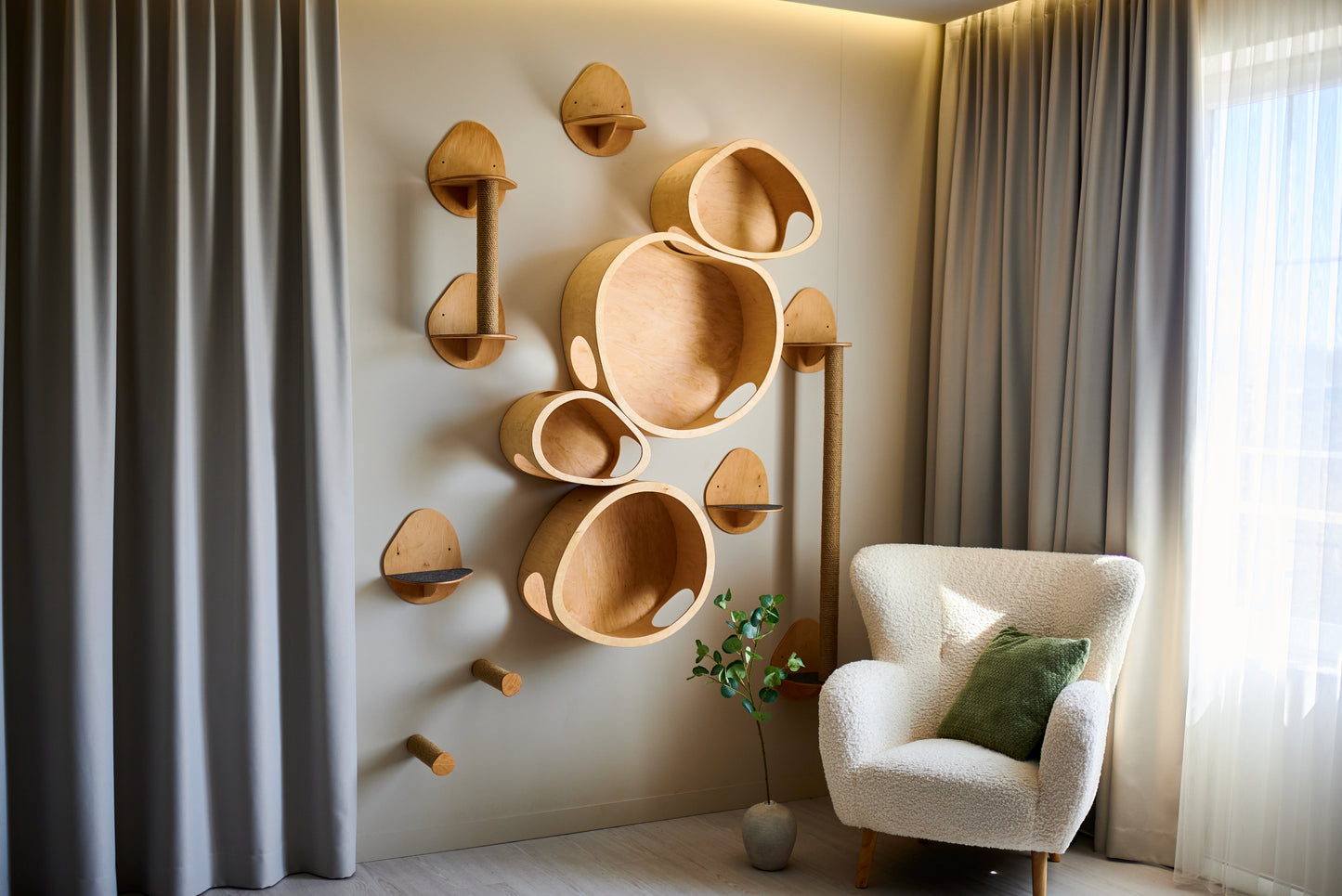 Luxury cat wall furniture set with modern wall mounted cat condos, scratching posts and climbing shelves
