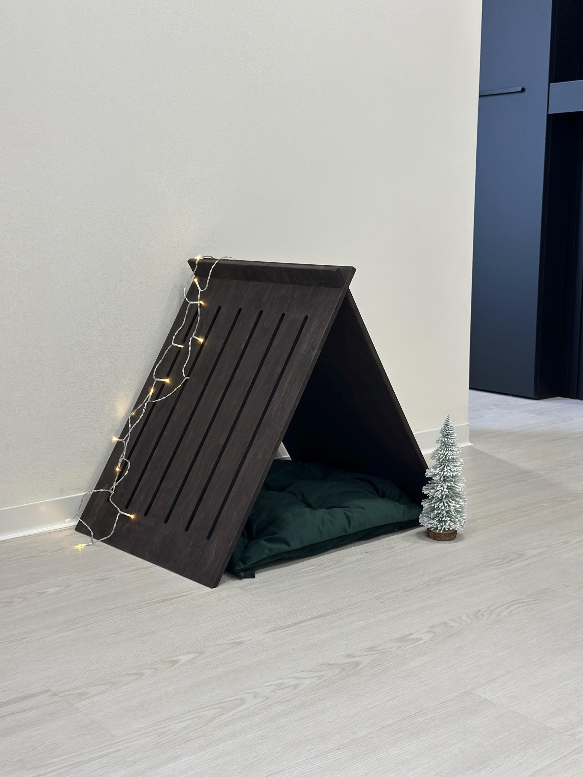 Modern dark wooden dog house for indoor pets