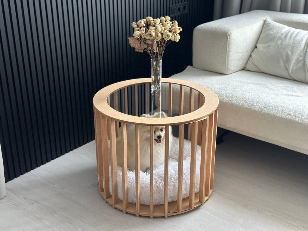 Wooden dog house coffee table placed next to a sofa in a modern home