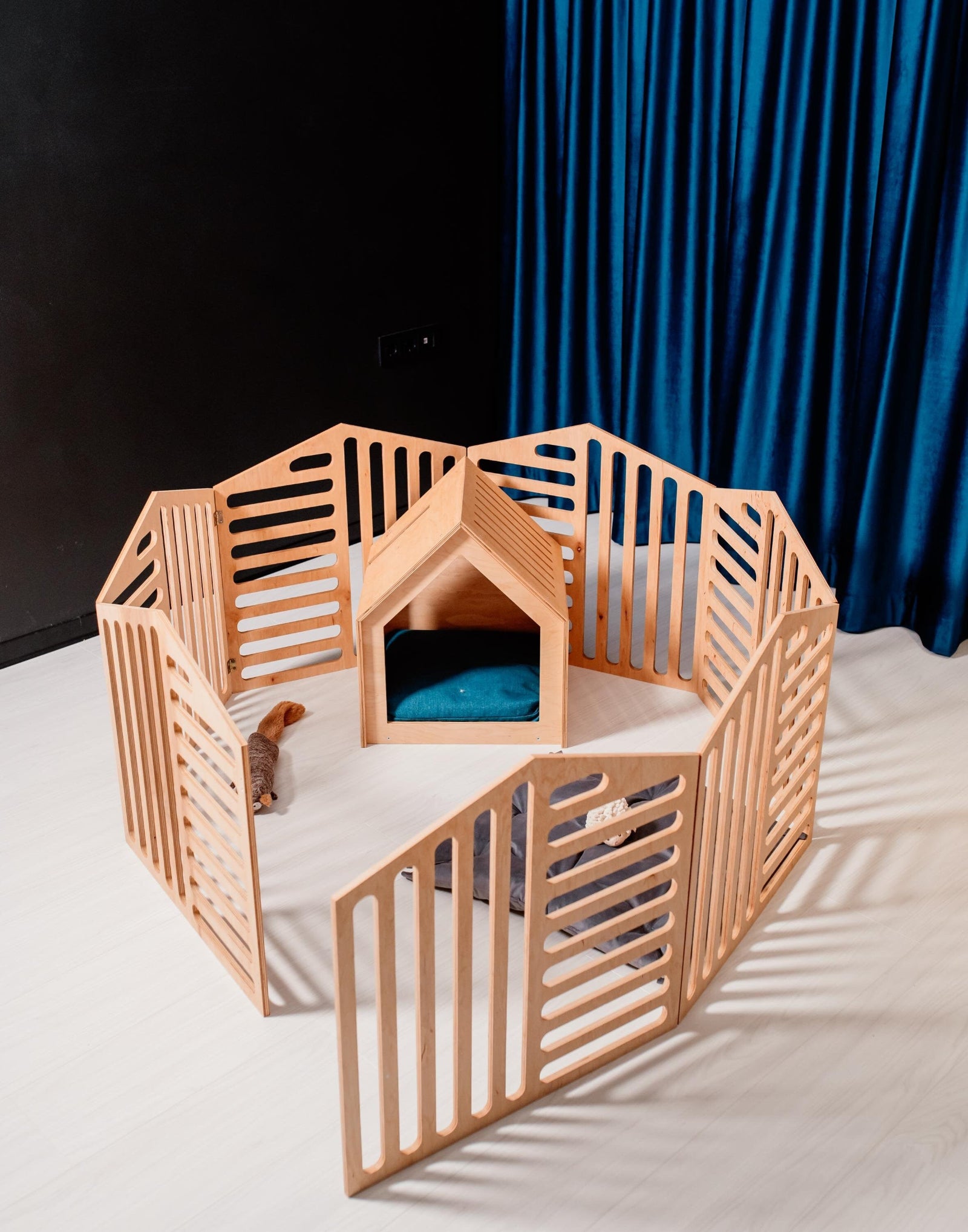 Modern wooden pet house with playpen for small pets and puppies