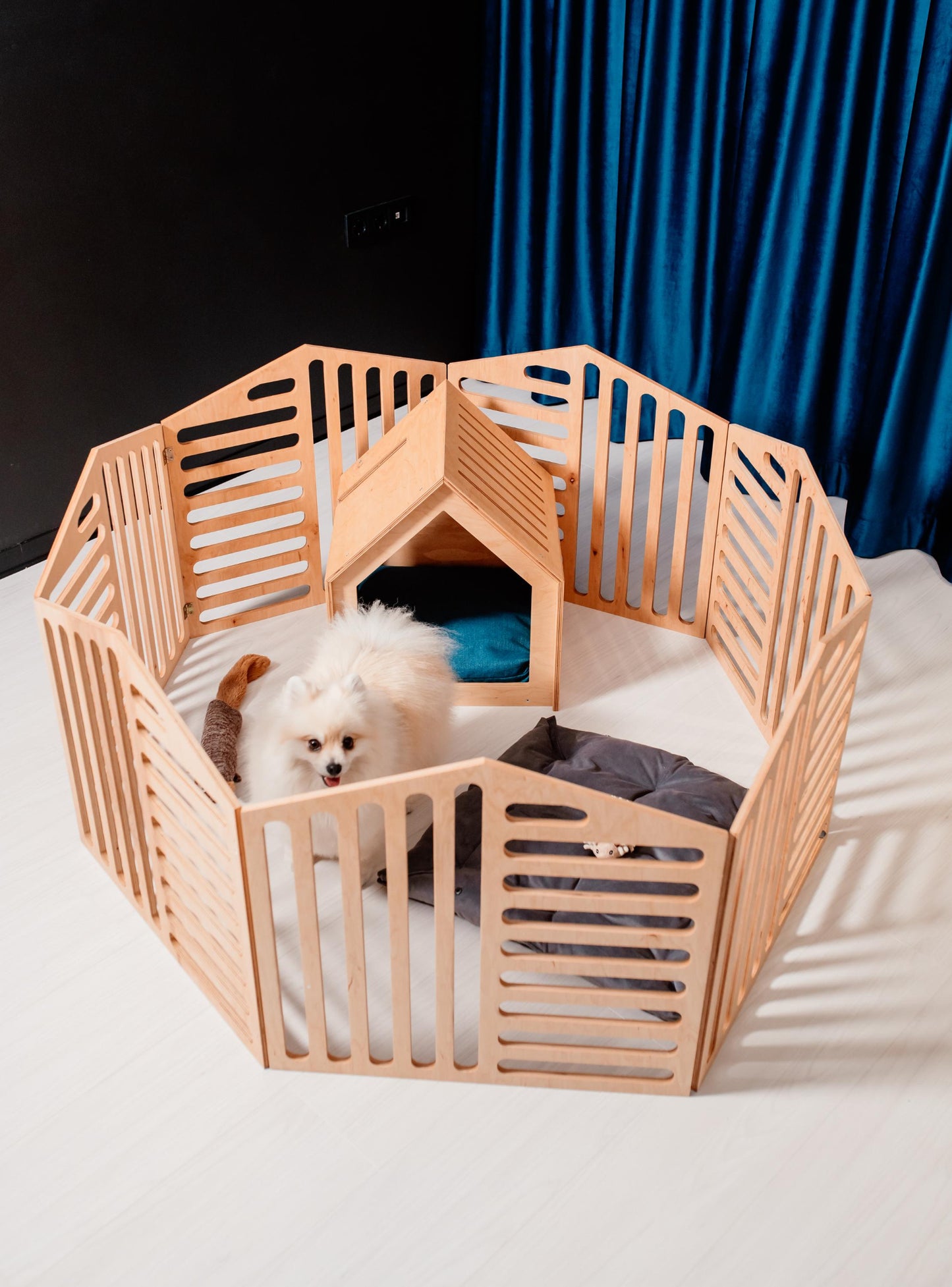Pomeranian inside a modern wooden pet house with matching playpen