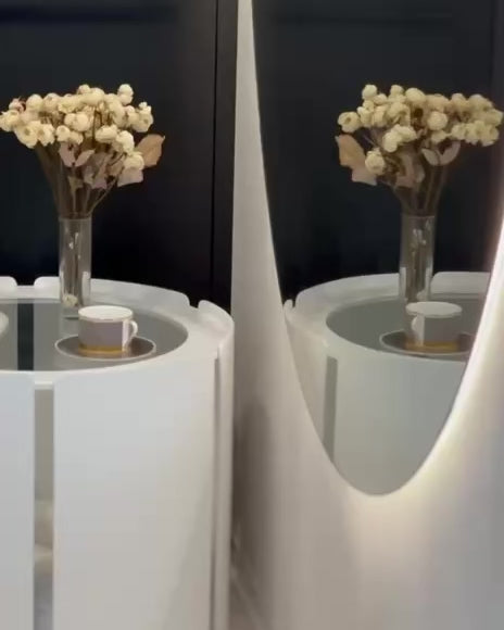 Round dog house coffee table with glass top, modern wooden indoor dog crate with fluffy pillow, minimalist pet furniture