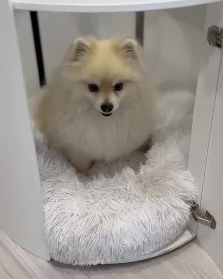 White round dog house coffee table with glass top, modern indoor dog crate for small dogs, Scandinavian pet furniture