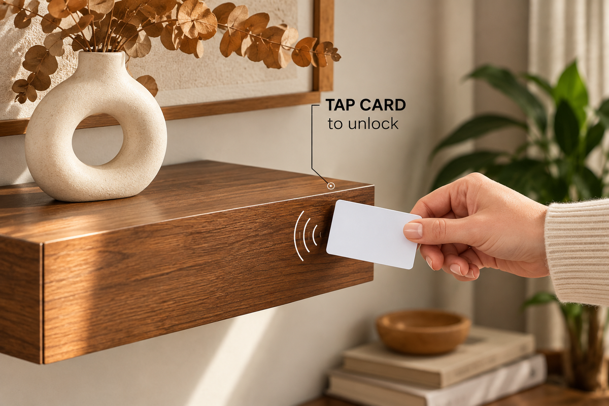 RFID access card unlocking a Puppy Home hidden storage shelf