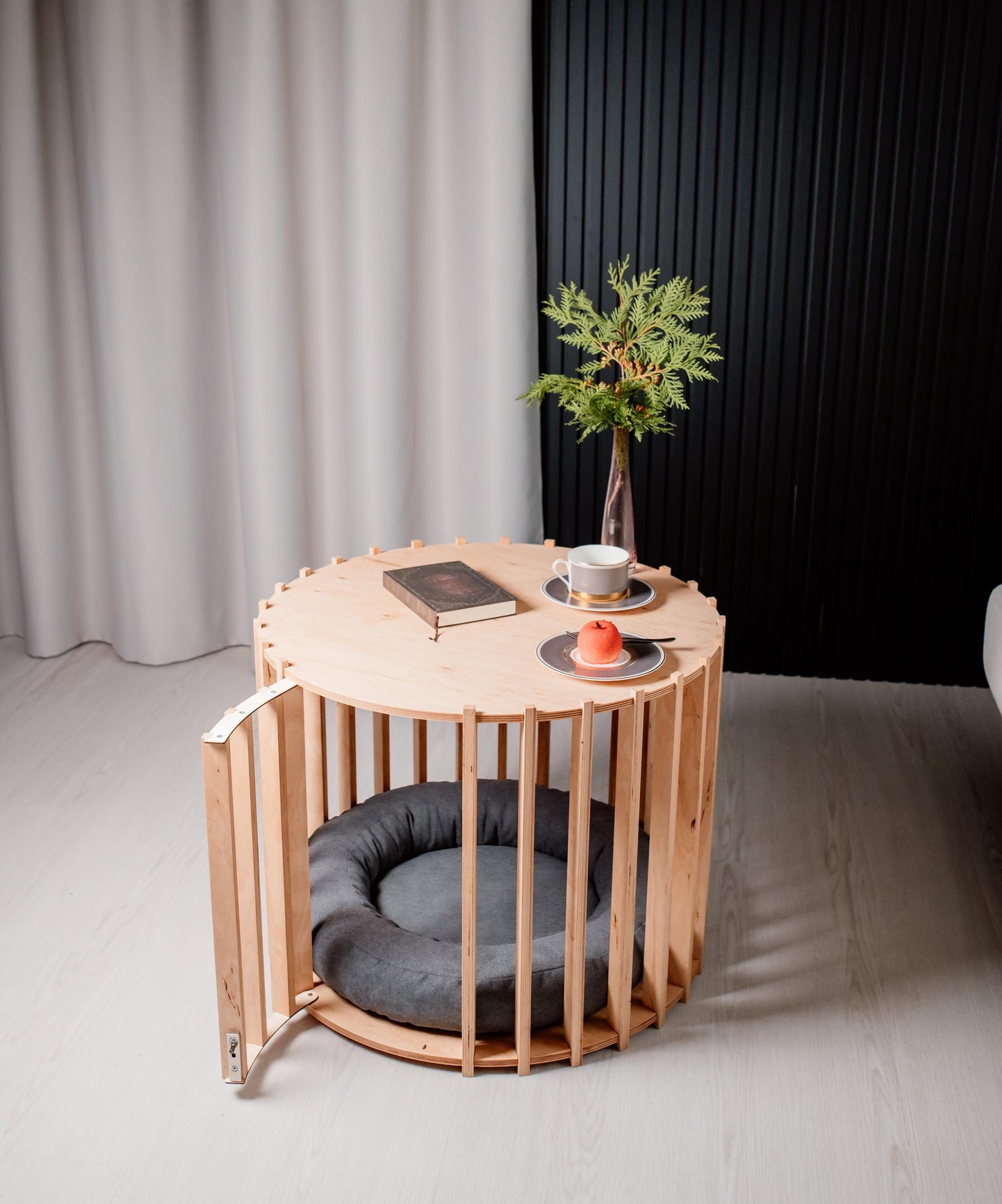 Wooden dog crate coffee table with modern round design