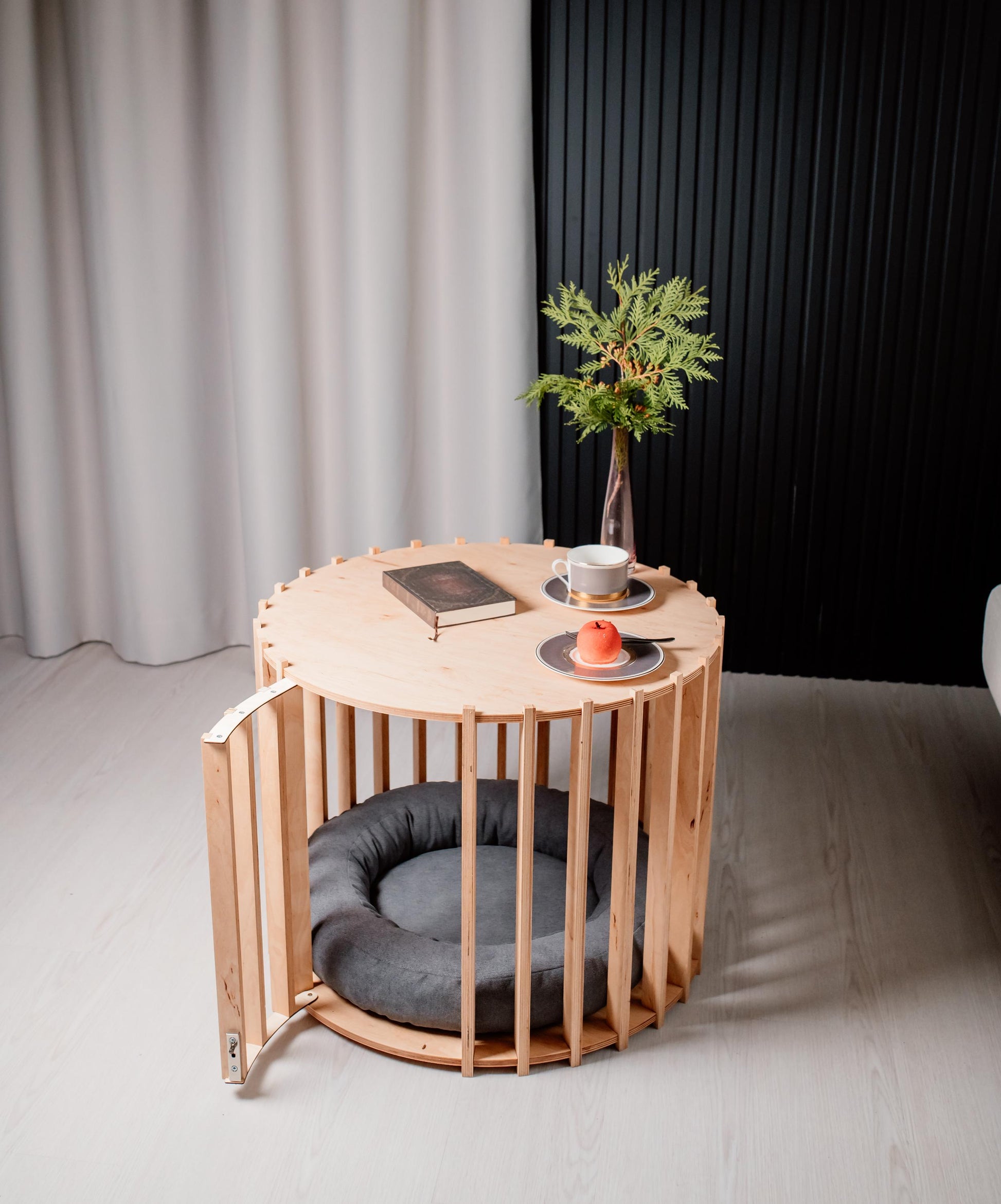 Wooden dog crate coffee table with modern round design