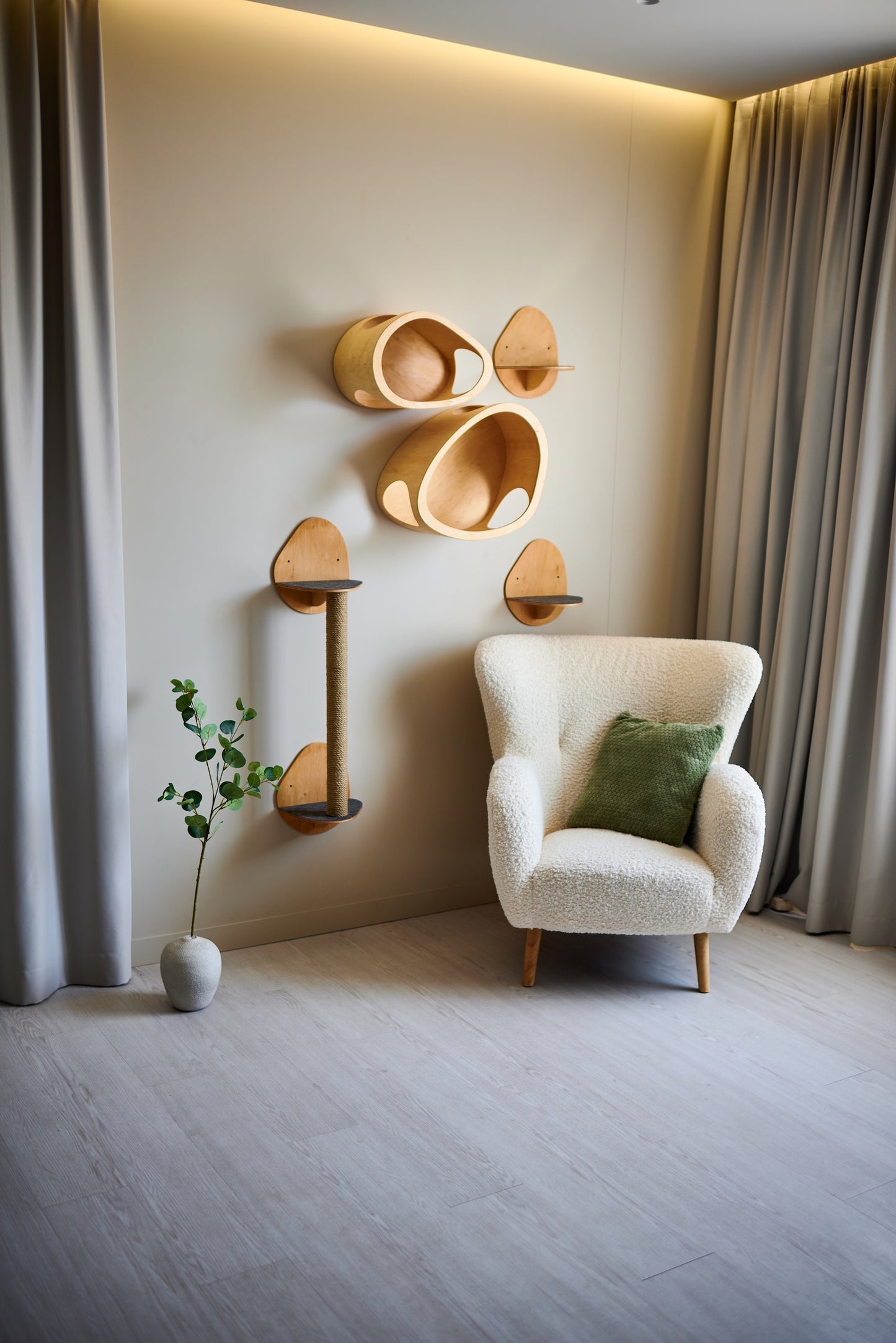 Wall mounted cat furniture set with S and M cat houses two shelves and scratching post in natural wood