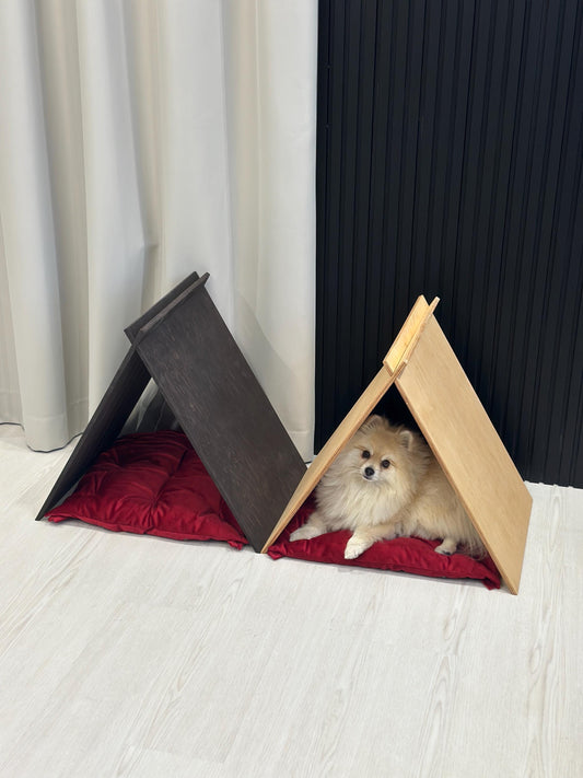 Set of two wooden dog houses in light and dark wood – pet furniture set