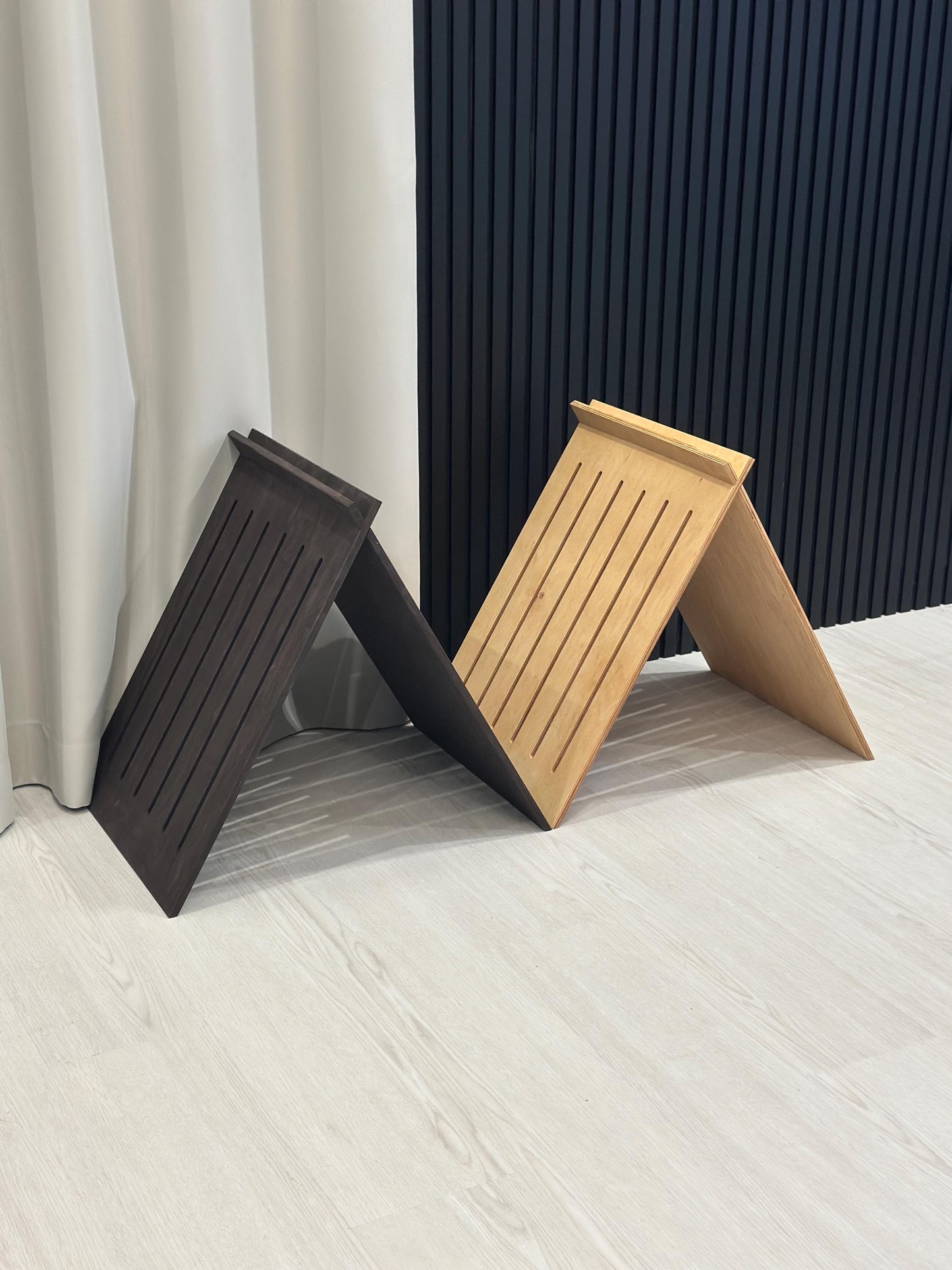 Set of two wooden dog houses in light and dark wood – pet furniture set