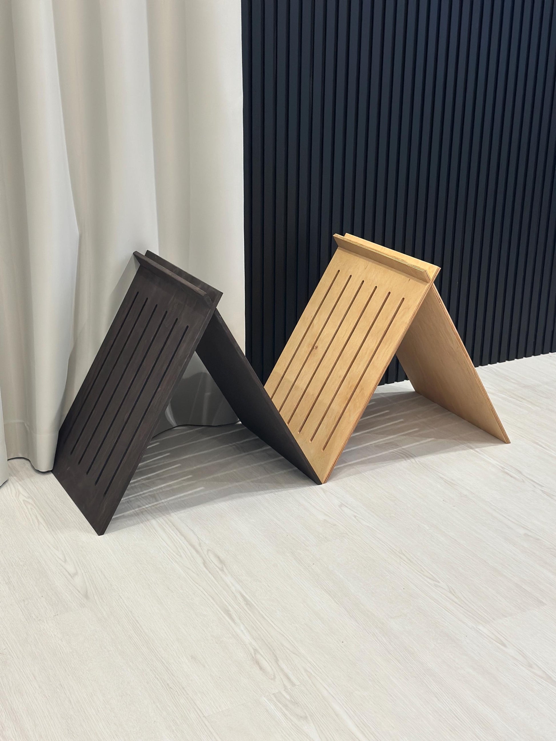 Set of two wooden dog houses in light and dark wood – pet furniture set