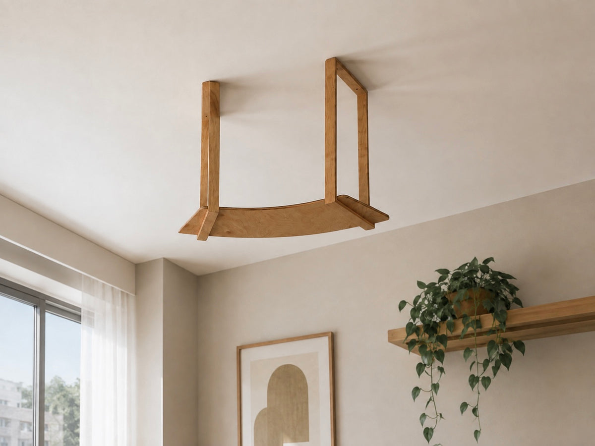 Single wooden ceiling mounted cat shelf for climbing, resting and observing from above