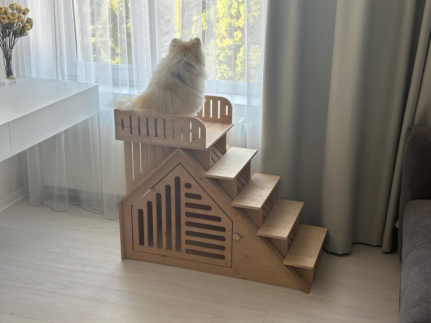 Modern wooden dog house with window steps placed near a living room window