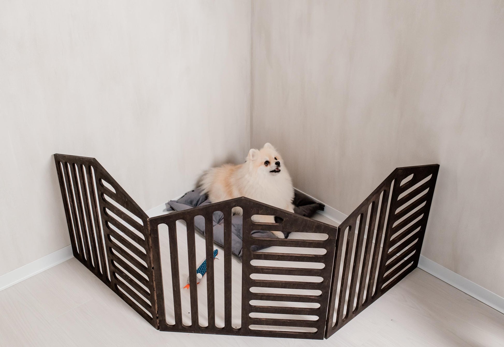 small dog inside wooden playpen dark finish cozy space