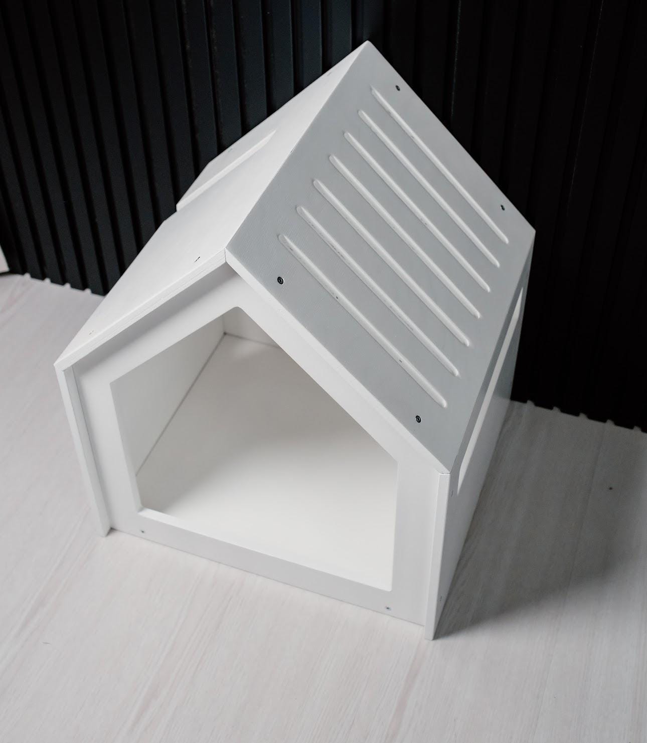 White wooden indoor pet house with open front modern design