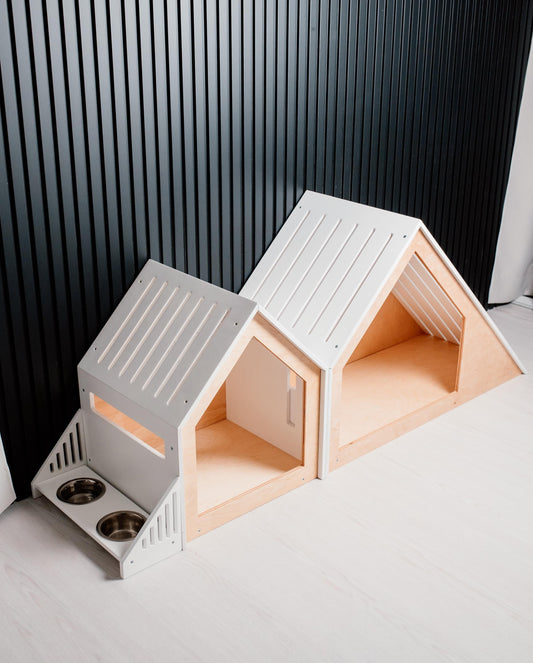3 piece wooden dog house set with feeder for small dogs indoor