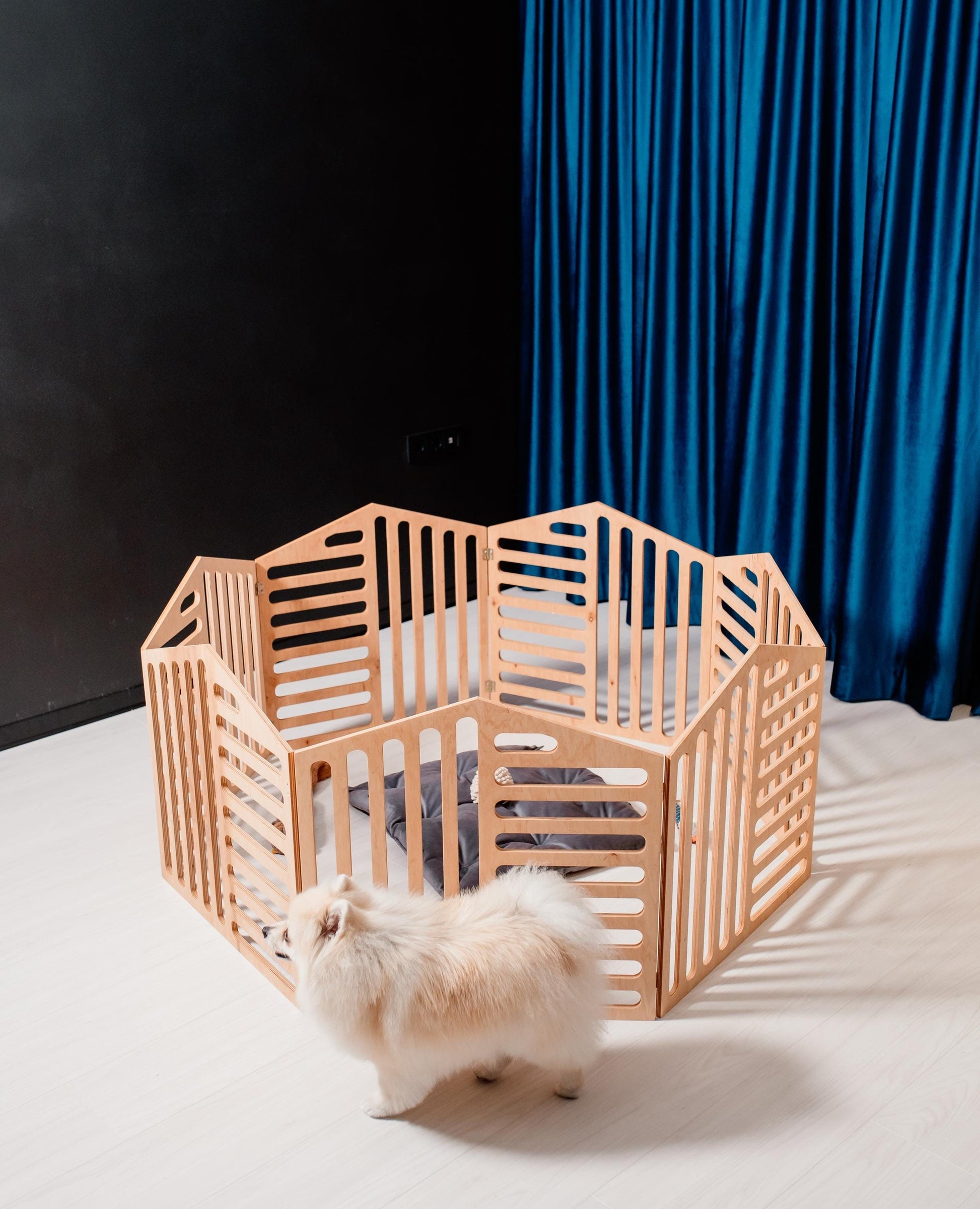 Circular wooden puppy playpen setup for small dogs