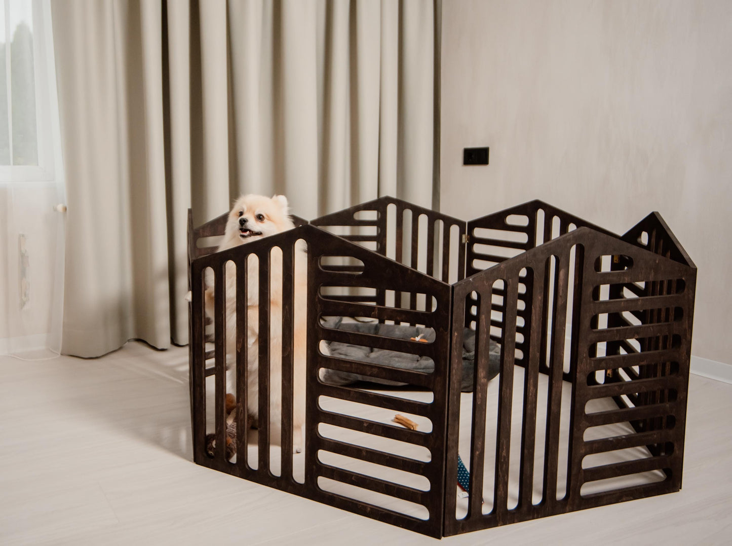 wooden puppy enclosure dark color indoor